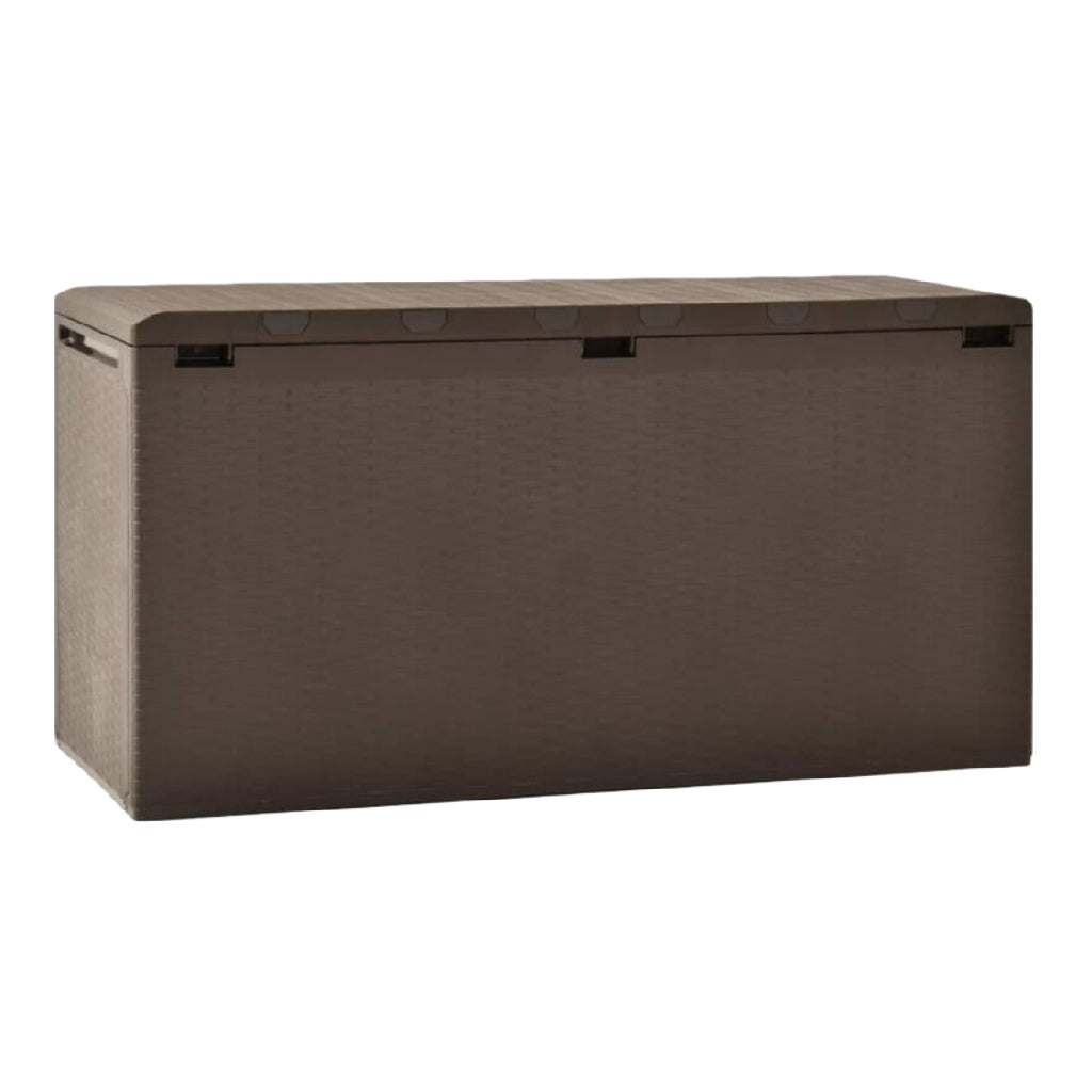 Baúl de almacenamiento de resina con acabado tipo ratán y tapa abatible, marrón