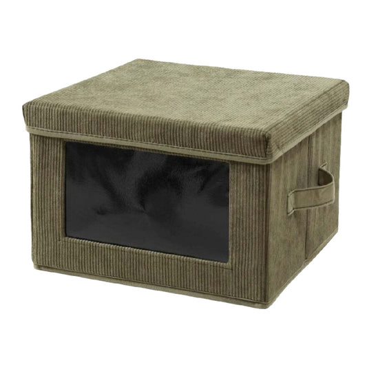 Caja de almacenamiento de tela con ventana transparente y manijas, color verde oliva